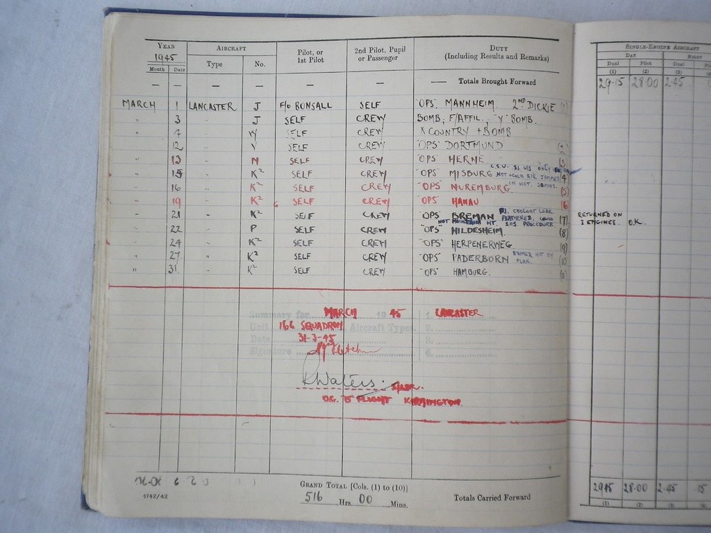 Handwritten page from a pilot log book