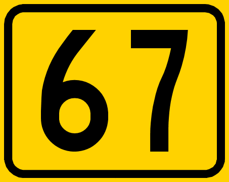 A yellow Route 67 sign