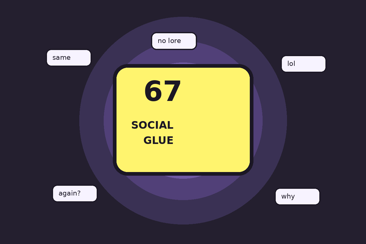 A glowing 67 sign labelled social glue