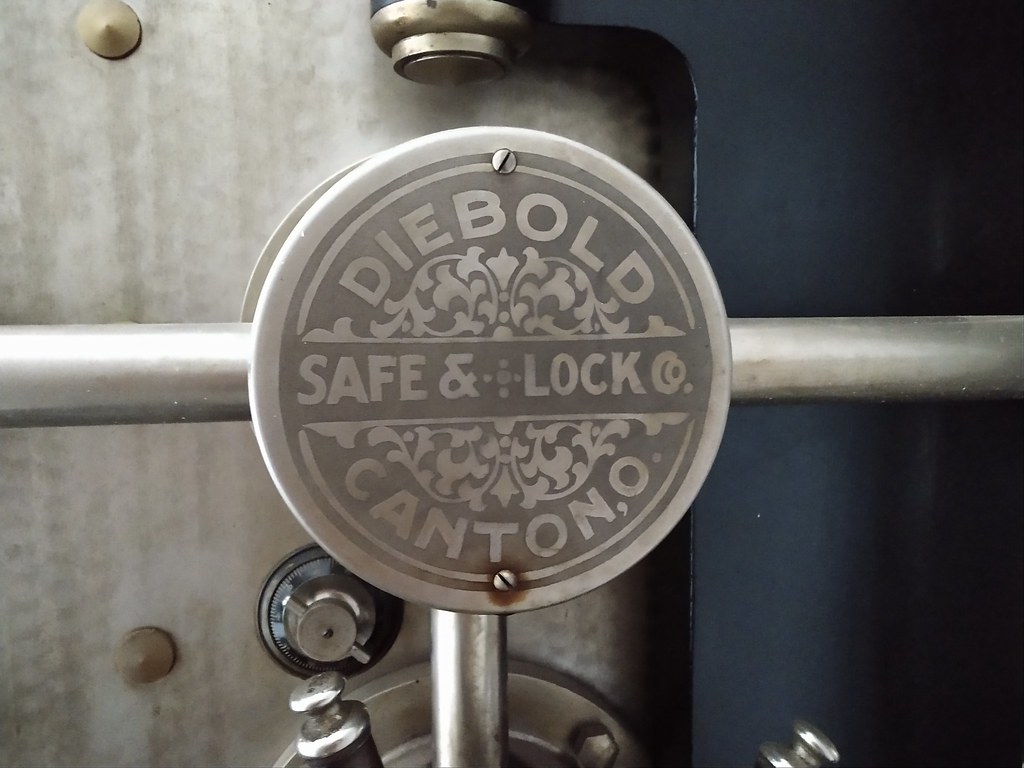 A close-up of an old safe lock